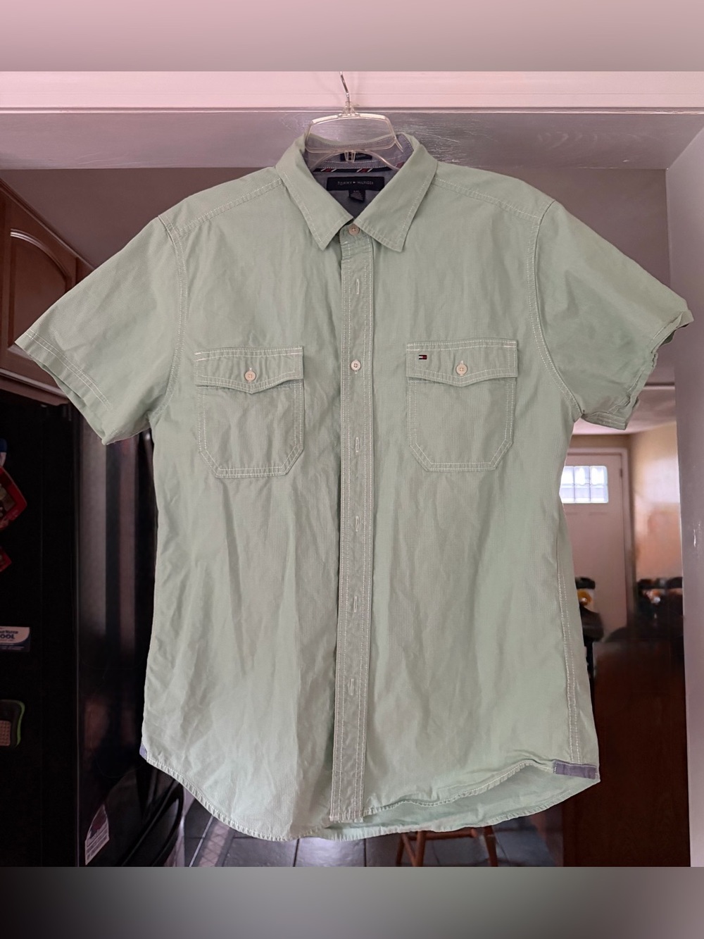 Tommy Hilfiger Men's Short-Sleeve Button-Down Shirt Light Green stripe men’s Lg